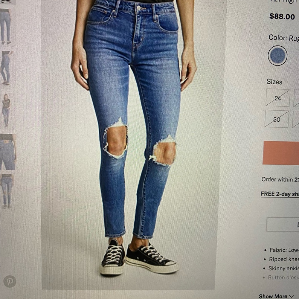 Levi’s 721 High Rise Distressed Skinny Jeans size 27